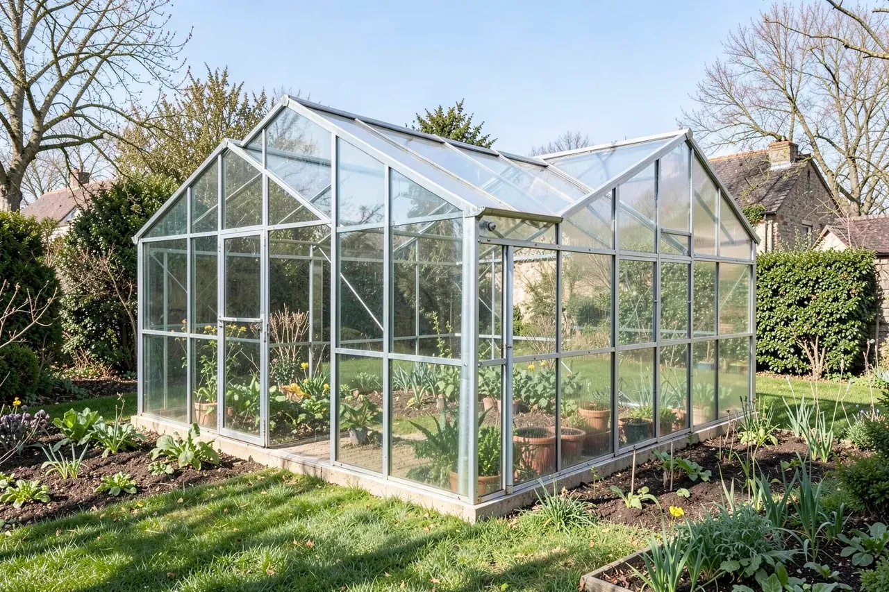 Serre en polycarbonate alvéolaire double paroi de 9 m² installée dans un jardin familial