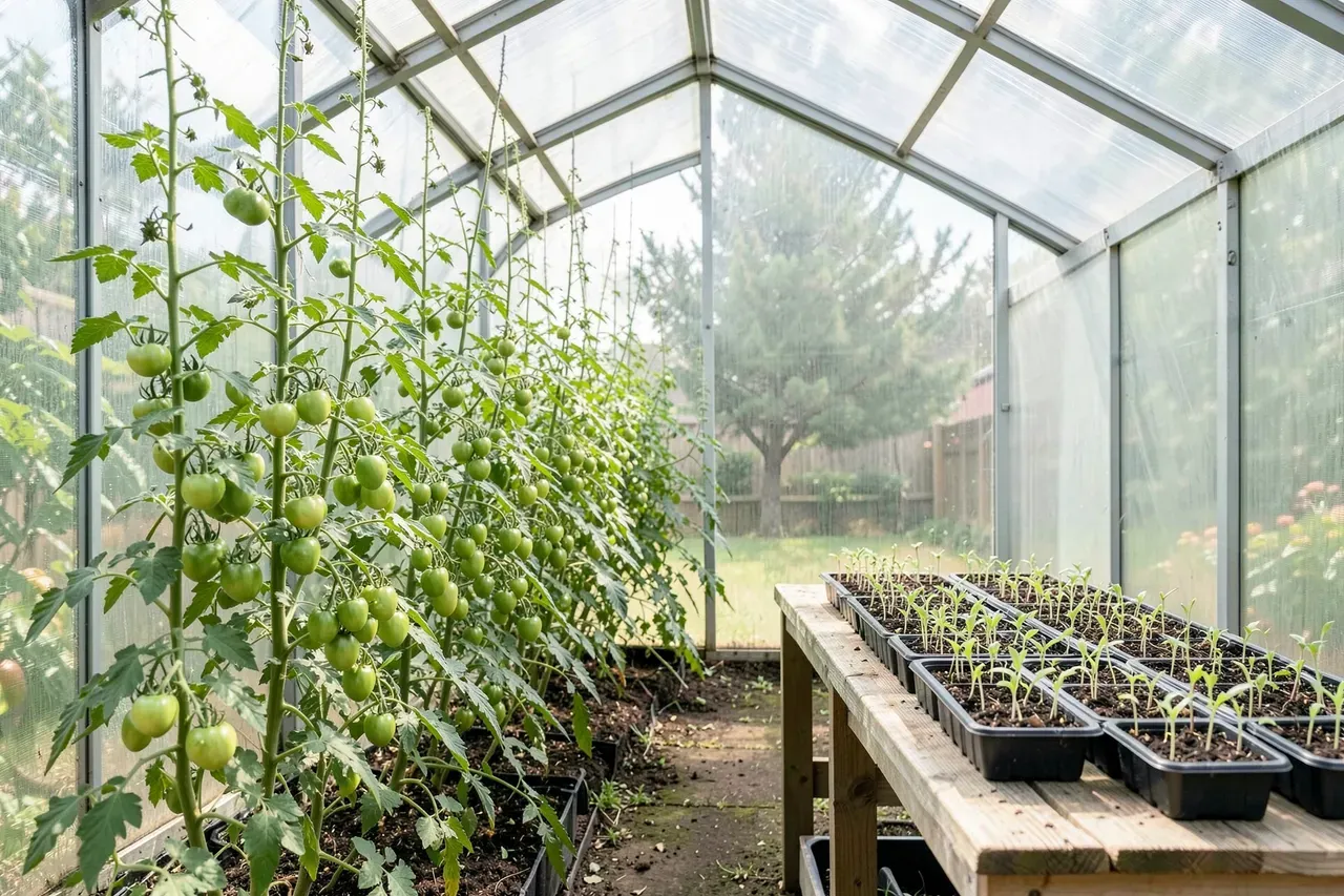 Culture sous serre : tomates palissées et table de semis à l'intérieur d'une serre de jardin