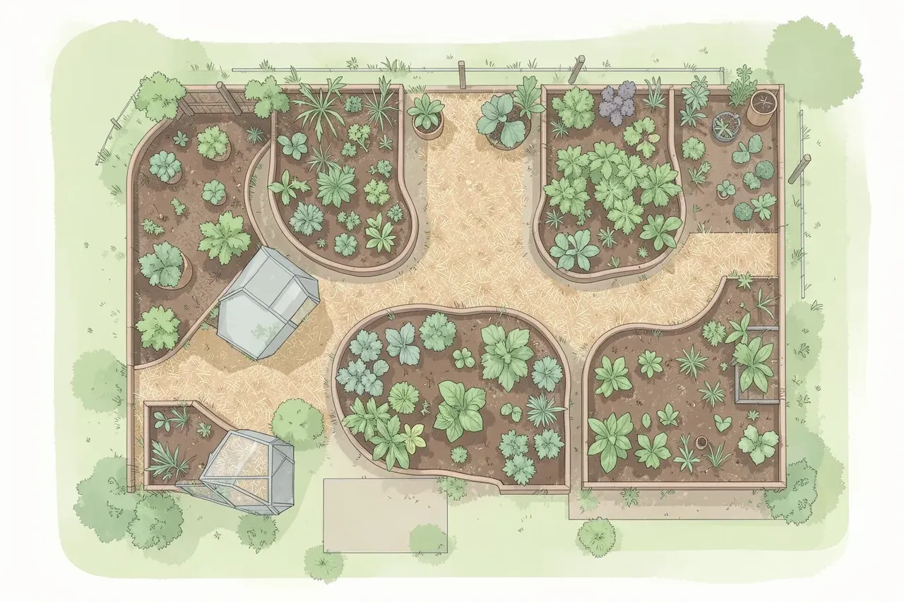 Plan de potager en permaculture avec buttes de culture permanentes, allées paillées et serre exposée au sud