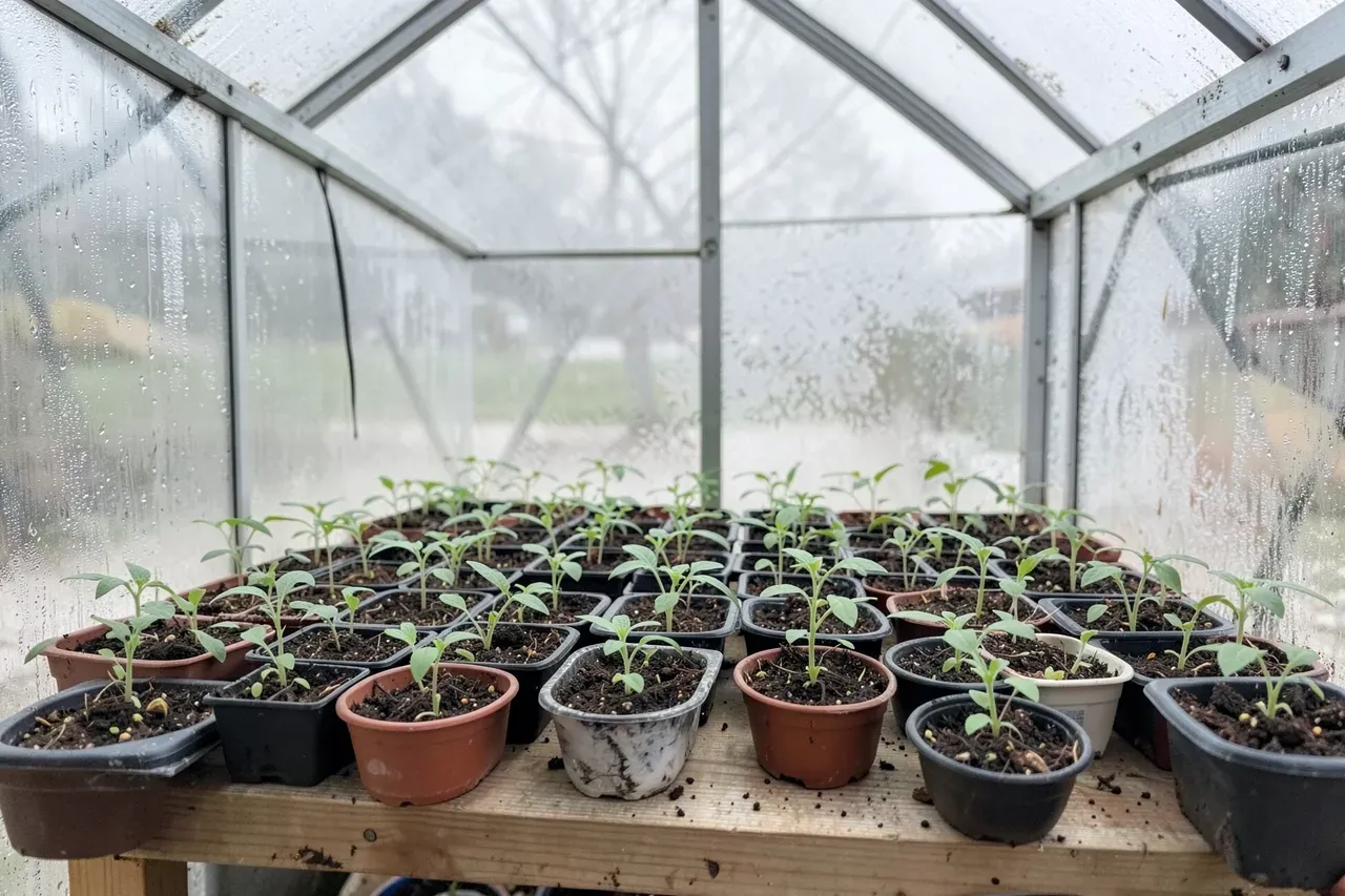 Semis de tomates en godets à l'intérieur d'une serre en polycarbonate en février